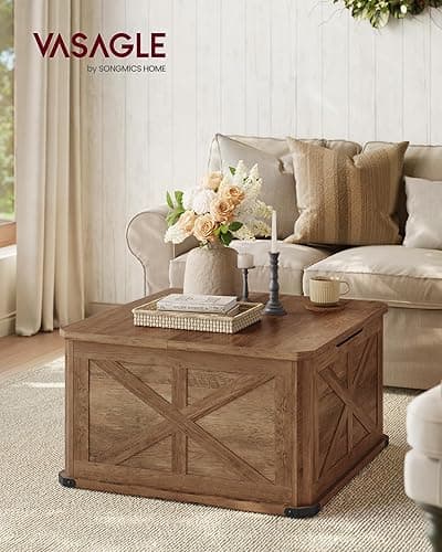 VASAGLE Farmhouse Coffee Table with Storage, Square Coffee Table for Living Room, Center Table with Flip-Top Lids, Honey Brown ULCT232K41 thumbnail 3