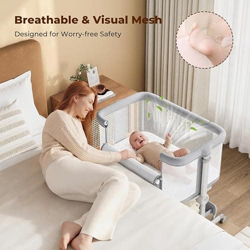 Ezebaby Baby Bassinets Bedside Sleeper, Portable Bedside Bassinet for Baby Newborn Infants with Adjustable 7 Heights and All Mesh Sides, Newborn Crib with Mattress and Soft, Breathable Sheet | Baby bassinets thumbnail 3