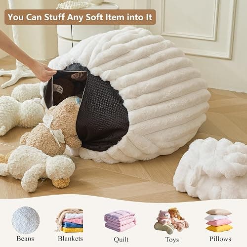 MEGO Kids Fluffy Faux Rabbit Fur Bean Bag Chair Cover(No Filler), Cozy Moss Plush Shaggy Striped Stuffed Animal Storage Bean Bag, Fuzzy Ribbed Beanbag Cover Kids Girls Teens Adult, Sage Green thumbnail 3