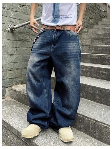 SHENHE Men's Wide Leg Jeans Vintage Baggy Jeans Casual Loose Fit Denim Pants with Pockets thumbnail 6
