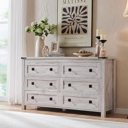 RedLemon Farmhouse 54" 6-Drawer Dresser for Bedroom, Antique Brush White | Rustic, Wood Storage Cabinet, Metal Handle, Unique Corner Accent, Bedroom, Living Room, Hallway - Image 1