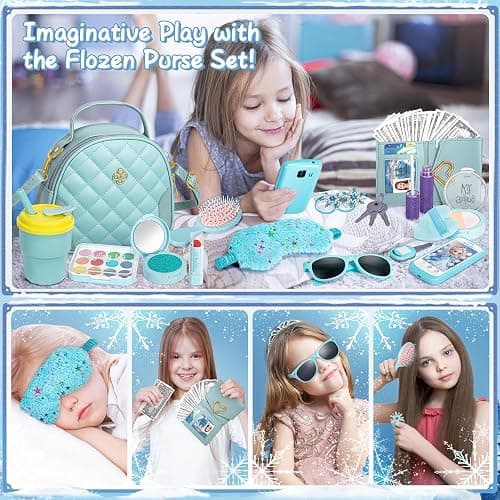 Hohosunlar Play Purse for Little Girl, Princess Toy Handbag with Accessories, Pretend Play Makeup, Kids Phone, Toddler Wallet, Water Bottle, Eye Mask, Birthday Present for Girls 3 4 5 6 7 8 Year Old thumbnail 5