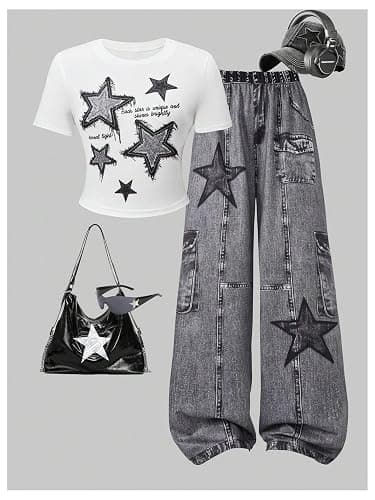SOLY HUX Girl's Y2k Clothes Star Graphic Crop Top and Baggy Pants Grunge 2 Piece Outfit Streetwear thumbnail 3