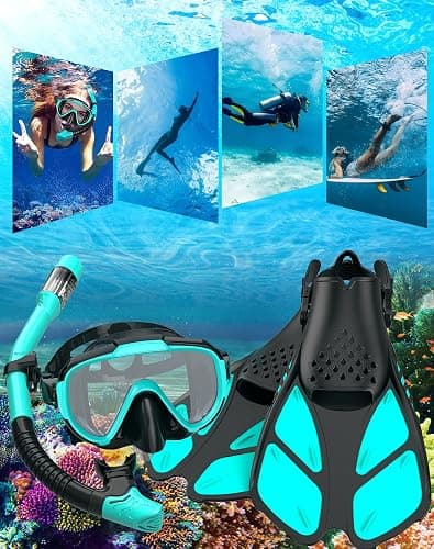 Ubekezele Snorkeling Gear for Adults Men Women,4 in 1 Snorkel Set with Panoramic View Diving Mask Anti-Fog Anti-Leak,Dry Top Snorkel,Fins and Travel Bag for Swimming,Snorkeling and Travel Diving thumbnail 7