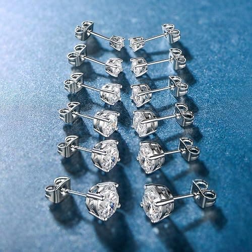 18K White Gold Plated 4 Pong Round Clear Cubic Zirconia Stud Earring Pack of 6 Pairs (6 Pairs) thumbnail 5