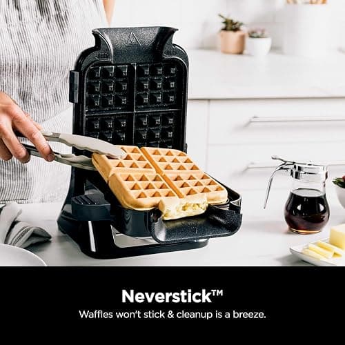 Ninja BW1001 NeverStick PRO Belgian Waffle Maker, Vertical Design, 5 Shade Settings, with Precision-Pour Cup & Chef-curated Recipe Guide, Black & Silver thumbnail 2