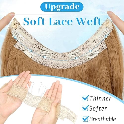 KooKaStyle Invisible Wire Hair Extensions Long Wavy Layered Synthetic Hair Extensions with Transparent Wire Adjustable Size 6 Secure Clips Strawberry Blonde Hairpieces for Women 16 Inch thumbnail 2