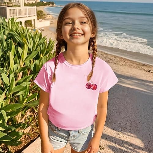 BINTEHGS Girls Cute Graphic Tees Kids Bow Cherry Shirt Aesthetic Short Sleeve T Shirts Casual Summer Crew Neck Top Clothes thumbnail 2