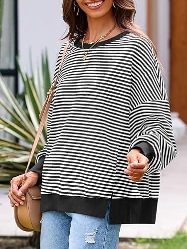Fisoew Women's Fall Oversized Sweatshirt Casual Waffle Knit Long Sleeve Crewneck Split Pullover Tunic Tops thumbnail 3