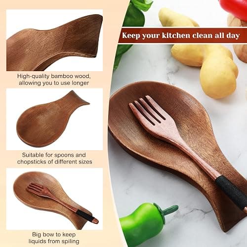 Patelai Acacia Wood Spoon Rest for Stove Top Bamboo Holder for Spatula Rest for Kitchen, Counter Spoon Holder for Countertop, Modern and Rustic for Farmhouse as Dining Table Decoration(Brown) thumbnail 6