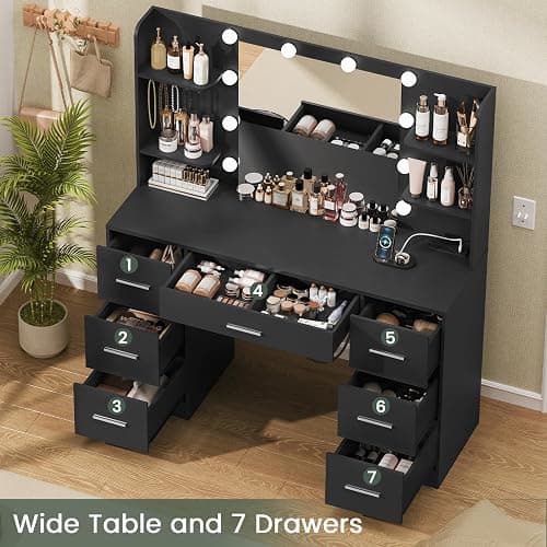 Quimoo Large Vanity Desk with LED Lighted Mirror & Power Outlet,Makeup Vanity Table with 7 Drawers,4 Shelves and 5 Hooks,Vanity Table, Vanity Desk Set for Bedroom,Bathroom，Black thumbnail 4