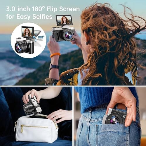 4K Digital Camera for Photography with WiFi 64MP Auto-Focus Vlogging Camera for YouTube Video 3'' 180° Flip Screen 4K Cameras 16X Zoom Anti-Shake Compact Point and Shoot Cameras with SD Card thumbnail 8
