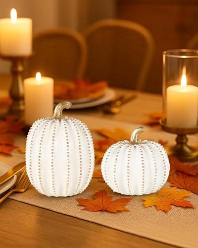 GoGnome Set of 2 White & Gold Decorative Pumpkins – Resin Fall Harvest Table Centerpiece, Elegant Autumn Décor for Thanksgiving Decoration Farmhouse Home (White) thumbnail 2