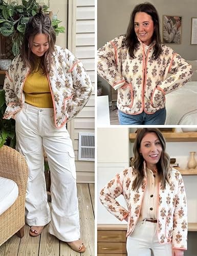 Wyeysyt Women's Cropped Puffer Jacket Lightweight Floral Print Long Sleeve Padded Quilted Puffy Cardigan Coat - X-Small - Apricot thumbnail 4