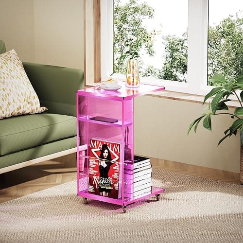 Clear Acrylic Side Table on Lockable Wheels, C Shaped End Table for Sofa, Small Coffee Tables for Small Spaces (Pink) thumbnail 2