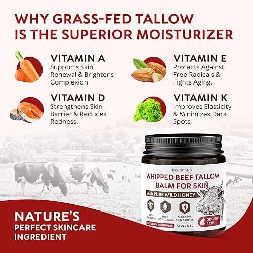 RICHGRAND Beef Tallow for Skin - Whipped Tallow and Honey Balm - Grass Fed Beef Tallow for Face, Daily Moisturizer & Body Butter - Natural Non Comedogenic Skincare (4.3 oz) thumbnail 4