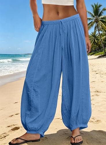 ReachMe Womens Balloon Harem Pants Sheer Summer Elastic Waist Baggy Pants Beach Vacation Outfits thumbnail 3