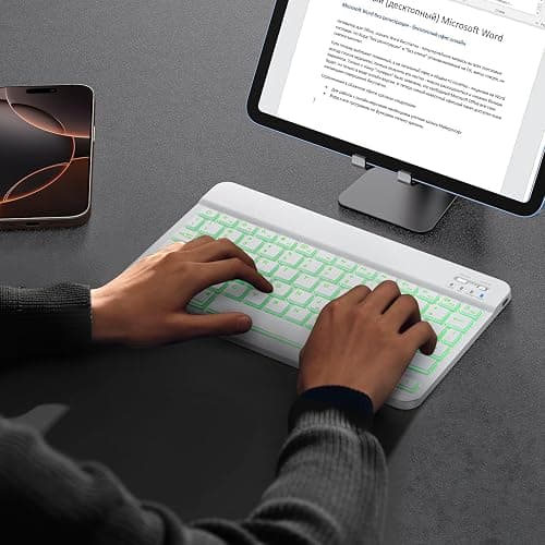 OMOTON Bluetooth Keyboard, Backlight Wireless Rechargeable Keyboard for iPad, iPad Pro, iPad mini, iPad Air with Illuminated LED (White) - White thumbnail 6