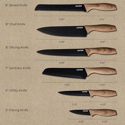CAROTE 12PCS Knife Set, Stainless Steel Kitchen Knife Set with Nonstick Ceramic Coating, 6 Knives with Blade Guards, Rustproof, Easy-Clean, Black thumbnail 3