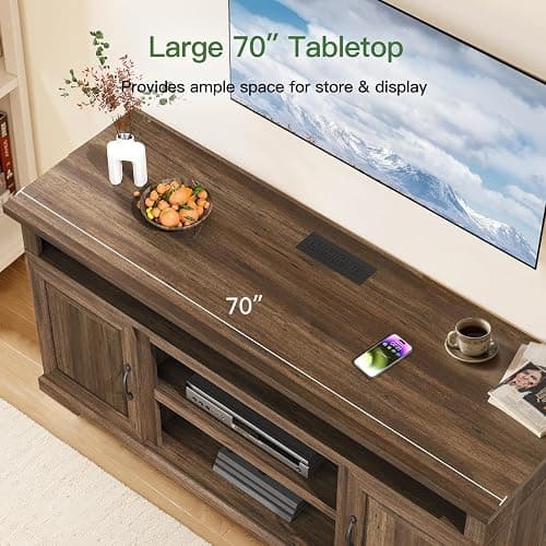 Marsail 70" Rustic Farmhouse TV Stand, Entertainment Center Fits TVs up to 80 Inch, Storage Cabinets, Adjustable Shelves & Built-in Power Outlets, for Living Room, Dark Brown thumbnail 6