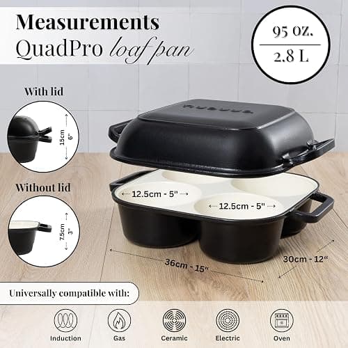 QuadPro Enamelled Cast Iron Bread Loaf Pot – Dutch Oven for Sourdough Bread Baking – 500°F Oven Safe Non Stick Bread Pot – 4 Round Loaf Spaces (4.90-inch Diameter), Black – by Nuovva thumbnail 4