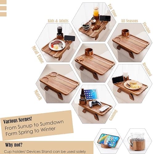 Nnewvante Couch Cup Holder Tray, 3 in 1 Large 15.36"x9.85" Acacia Wood Sofa Arm Clip on Tray Table with 360°Rotated Phone Holder on Armrest thumbnail 3