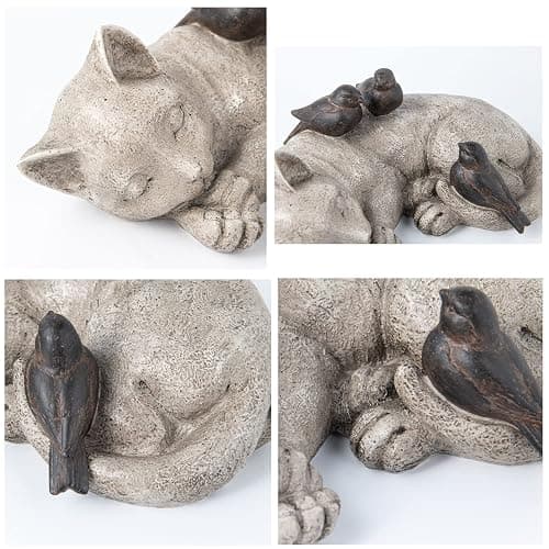 LC LCdecohome Sleeping Cat Garden Statues Outdoor - 12" Sparrows On Cat Figurine Memorial Statue Grave Markers Garden Resin Statues for Outdoor Decor Outdoor Statue Resin 12" x 8" x 4.5" thumbnail 3