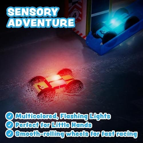 Tub Works® Splash Wheels™ Bathtime Raceway Car Ramp Toddler Bath Toy | Race Car Track with 2 Water-Activated Light-Up Racers | Light Up Bath Toys Flash & Change Colors | Engaging Bathtub Toys for Kids thumbnail 7