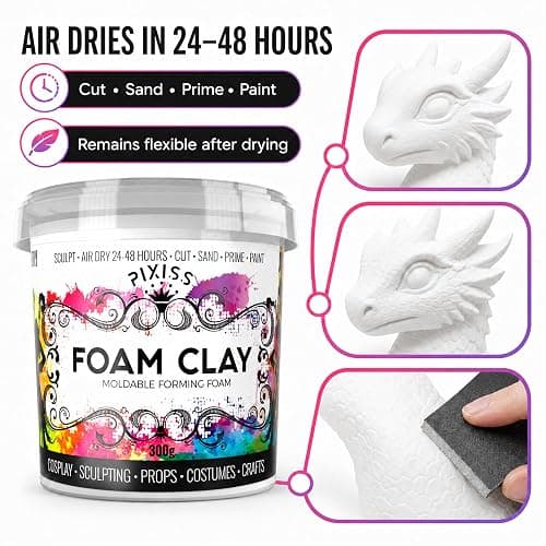 Moldable Cosplay Foam Clay (White) by Pixiss (300 Gram) Cosplay Foam Clay - High Density and Perfect for Intricate Designs | Air Dry | Great for Cutting with Knife or Rotary Tool, Sanding or Shaping thumbnail 8