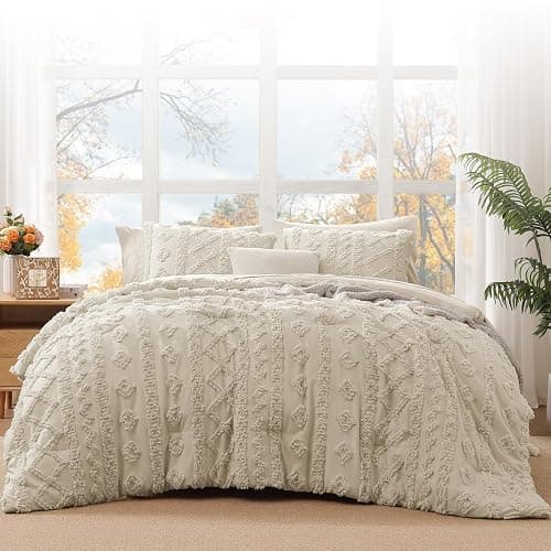 Queen Size Comforter Set- 7 Pieces Tufted Bed in a Bag Queen Bedding Sets | All Season Shabby Chic Boho Bedding with Comforter, Sheets, Pillowcases & Shams, Beige thumbnail 2