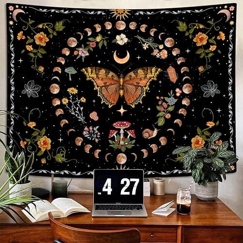 Aipon Orange Butterfly Moon Flower Tapestry Botanical Floral Plant Boho Tapestry for Bedroom Aesthetic Vintage Tapestries Wall Hanging for Living Room Dorm (36.00" x 48.00", Orange) thumbnail 3