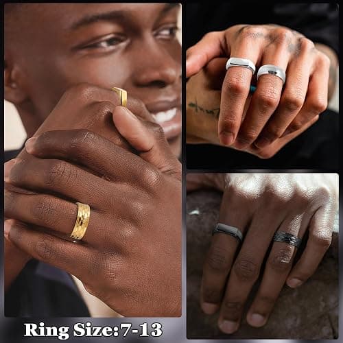 REVOLIA 3Pcs Stainless Steel Rings for Men 8MM Hammered Wedding Ring Set Square Signet Rings Pinky Silver Ring Simple Mens Band Rings Gold/Black/Silver Size 7-13 thumbnail 5