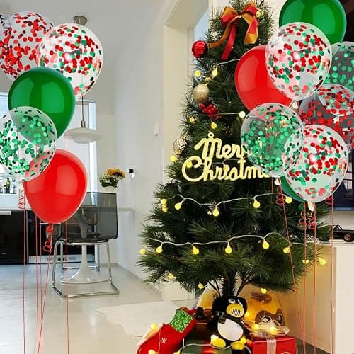 PheiLa 50 Pcs 12 Inch Red and Green Confetti Balloons Christmas Balloons with Ribbons Christmas Party Decorations for Xmas Color Themed Party New Year Baby Shower Birthday Party Supplies thumbnail 2