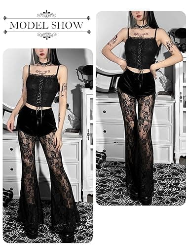 FEOYA Gothic Black Lace Flare Pants for Women Elastic Waist Victorian Bell Bottoms Mesh Punk Disco Pant thumbnail 4