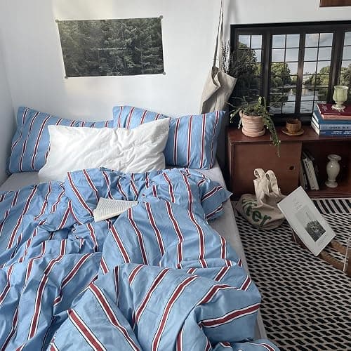 mixinni Vintage Striped Blue Duvet Cover Queen - 100% Cotton Red Stripes 3-Piece Bedding Duvet Cover Set with Zipper Closure, Soft & Breathable Retro Design for All Seasons (Queen Size) thumbnail 2
