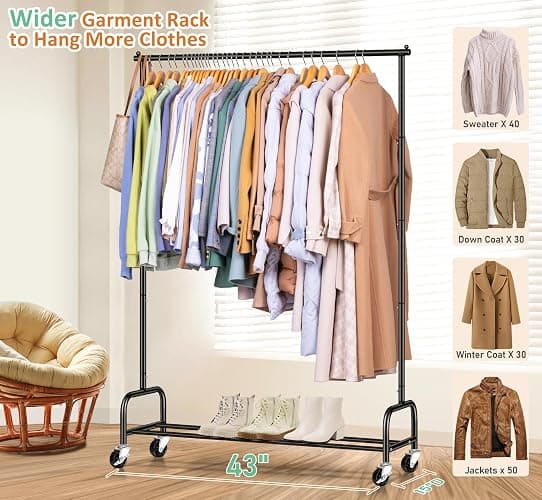 SLEEPING LAMB Heavy Duty Clothing Racks for Hanging Clothes Rack, 43" Wide Rolling Garment Rack Metal Clothing Hanger Rack with Wheels Wardrobe Rack for Coats, Shirts, Dress, (Black) - Black - Single Rod thumbnail 3