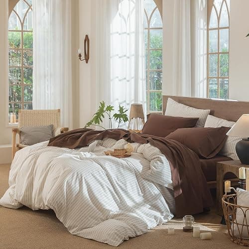 MooMee Bedding Sheet Set 100% Cotton Linen Like Textured Breathable Durable Soft Comfy (Solid Cocoa Brown, Queen) thumbnail 4