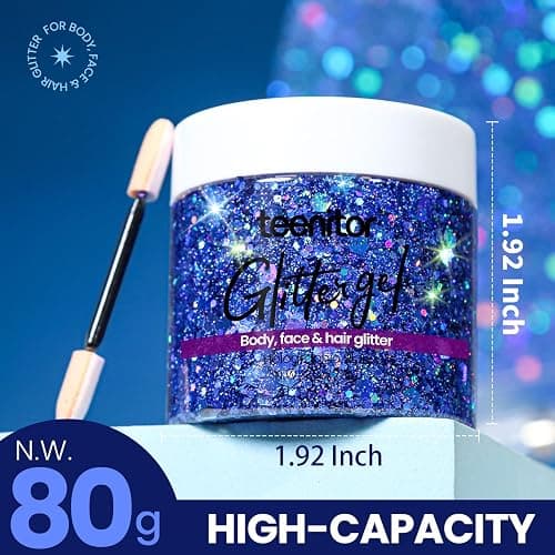 Teenitor Blue Body Glitter, Face Glitters, Body Glitter Gel, Hair Glitter Gel, 80g/2.8oz Holographic Blue Glitter Makeup for Face Body Hair thumbnail 3