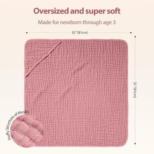 Unnivoll Hooded Baby Towels for Newborn - 2 Pack, 100% Muslin Cotton, Baby Bath Towels with Hood, Soft and Absorbent for Girls Infant, Toddler and Kids, Large 32x32 Inches, Newborn Essential thumbnail 2