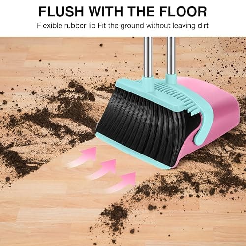 Broom and Dustpan Set, 52-in Long Adjustable Handle Broom Dustpan Combo with Dust pan Teeth to Automatically Clean Hair Suitable for Home Kitchen Office Hall Floor（Pink&Blue） thumbnail 6