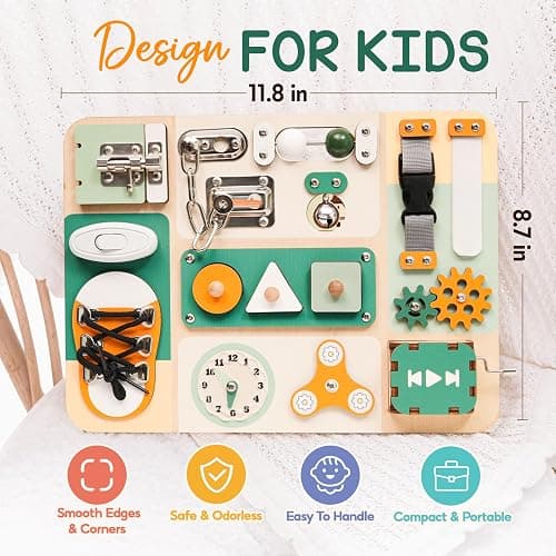 KALOTOYS Montessori Busy Board for Baby & Toddlers 1-3 | Wooden Sensory Activity Board with 13 Activities, Real Metal Locks & Latches | Fine Motor Skills Educational Toy for 1 2 3 Year Old thumbnail 3