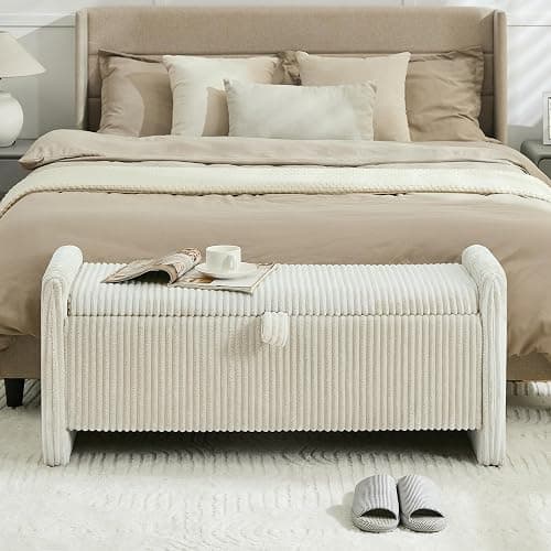 WUTUTUEE 44'' Corduroy Storage Ottoman Bench, Upholstered Storage Bench End of Bed for Bedroom, Linear Bed Bench with Safety Hinge, Living Room, Entryway, Beige thumbnail 7
