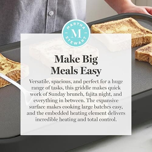 Martha Stewart 12"x 22" XL Electric Griddle, Ceramic Nonstick Flat Top | PFAS-Free Nonstick Grill, XL Cooking Surface for Pancakes & Eggs, Adjustable Temp Dial, Drip Tray, 1500W Heating, Caviar Gray thumbnail 11