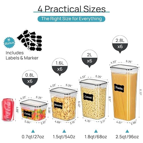 Airtight Food Storage Containers with Lids, Vtopmart 24 pcs Plastic Kitchen and Pantry Organization Canisters for Cereal, Dry Food, Flour and Sugar, BPA Free, Includes 24 Labels，Black thumbnail 3