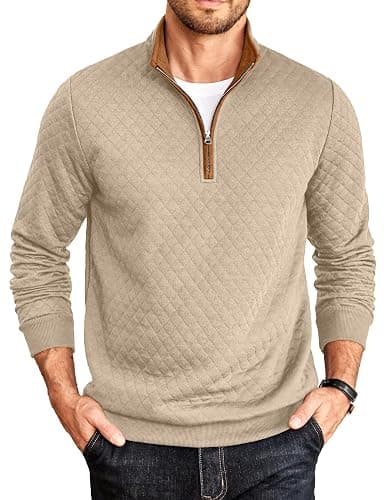 COOFANDY Mens Quarter Zip Pullover Mock Neck Quilted Sweatshirt Casual Long Sleeve Polo Sweater - Image 1