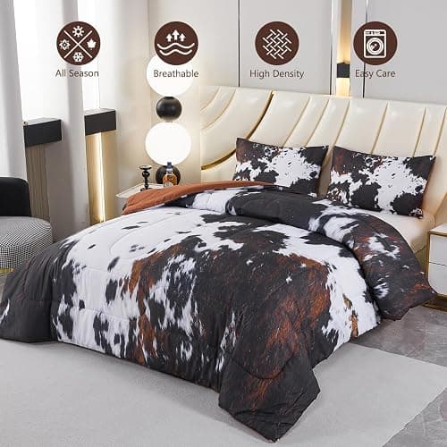 PERFEMET Black King Size Comforter Set 3 Pieces Cow Print Bedding Set Western Farmhouse Rustic Bed Comforter Animal Cowhide Quilt Set for Bedroom Decoration thumbnail 3
