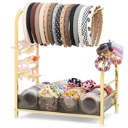 Keebofly Acrylic Hair Accessories Organizer, Versatile Headband Holder Stand for Scrunchies, Bows, Claw Clips, Hair Tie, Compact Hair Organizer Storage for Girls, Women, Babies, Amber & Gold-Plated - Image 1