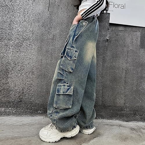 Rolanko Girls Cargo Pants Baggy Y2K Cargo Trousers Jeans Wide Leg Pants with Multi Pockets 4-15 Years - 12-14 - Multi-pockets thumbnail 6
