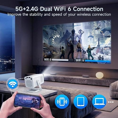 Mini Projector with WIFI 6 and Bluetooth, Native 720P HD Supports 4K 1080P, Portable Projector with Auto Keystone, Movie Projector for Laptop, PC, Smartphone. thumbnail 4