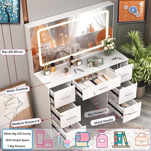 Caulitar 55.1" H White Big LED Vanity Desk with Mirror and Lights,Premium 7 Drawers & Wider Desktop Big Makeup Vanity for Girsl Teens Adults Bedroom thumbnail 4